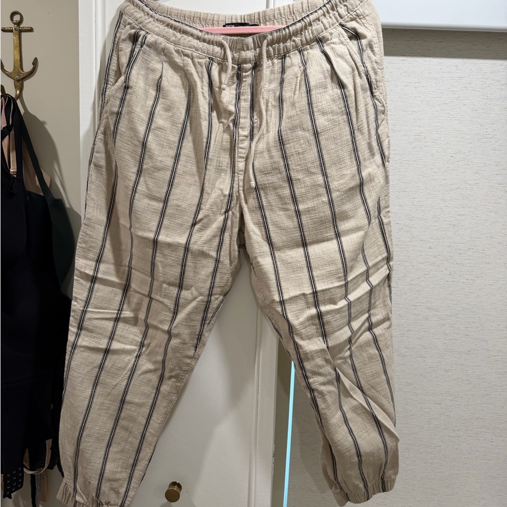 Zara Beige Striped Drawstring Joggers